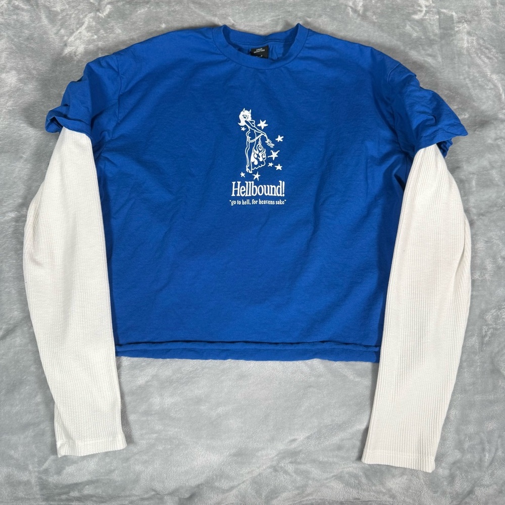 Urban Outfitters Hellbound T Shirt Mens M Boxy Cropped Oversized Thermal Sleeve